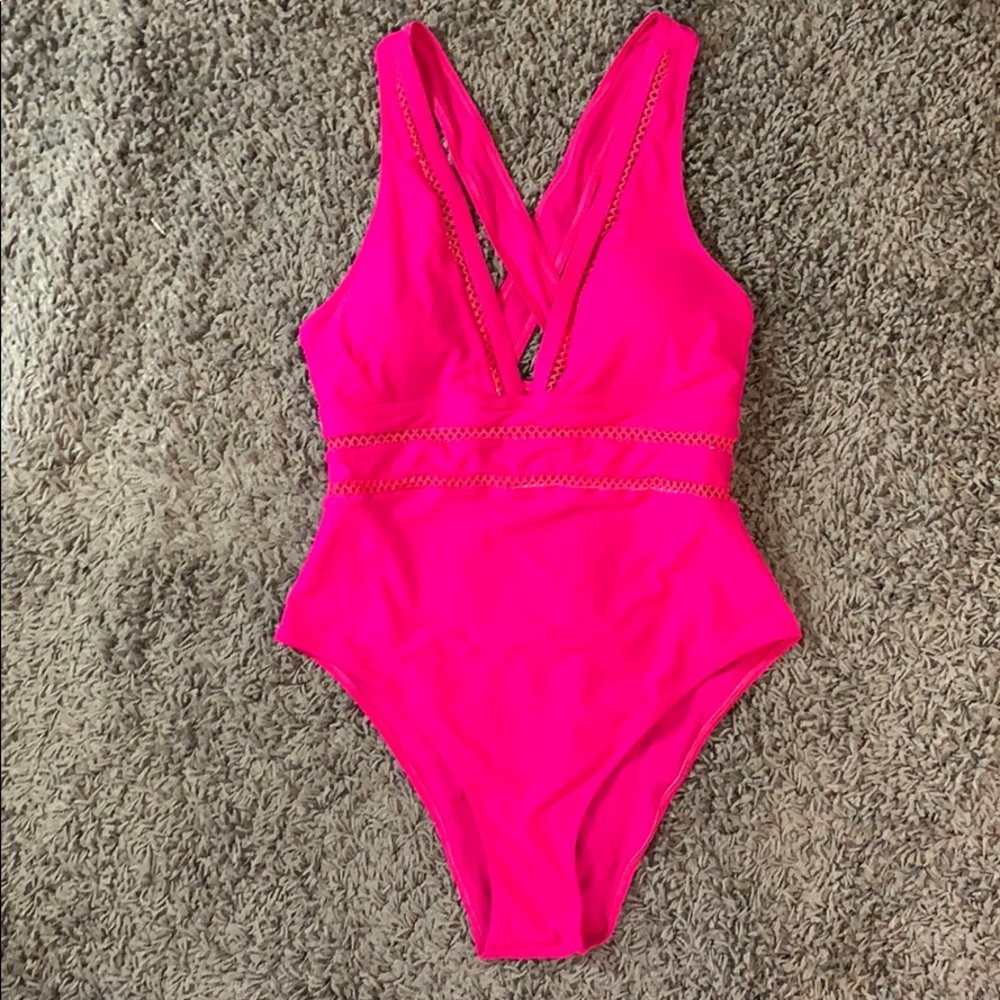 Fucsia Deep V Neck Swimsuit with Mesh Detailing